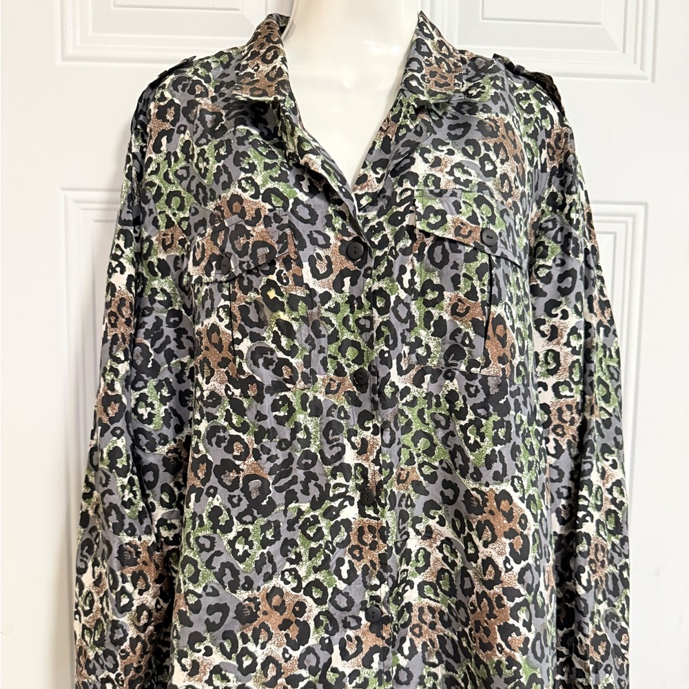 Anna And Frank Camouflage Silk Blouse Sz XL Glam‎ Zafari